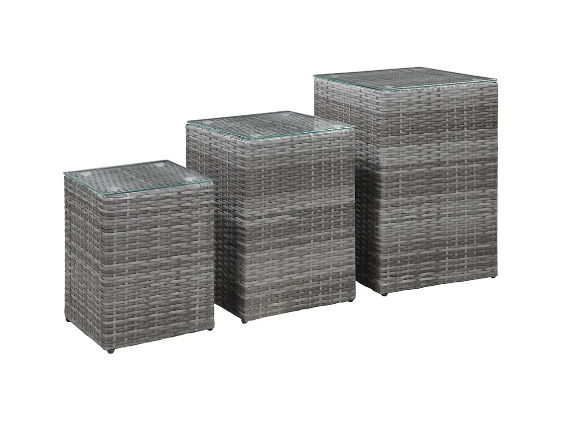 Tavolini laterali in 3 pezzi con piano in vetro in polyrattan grigio