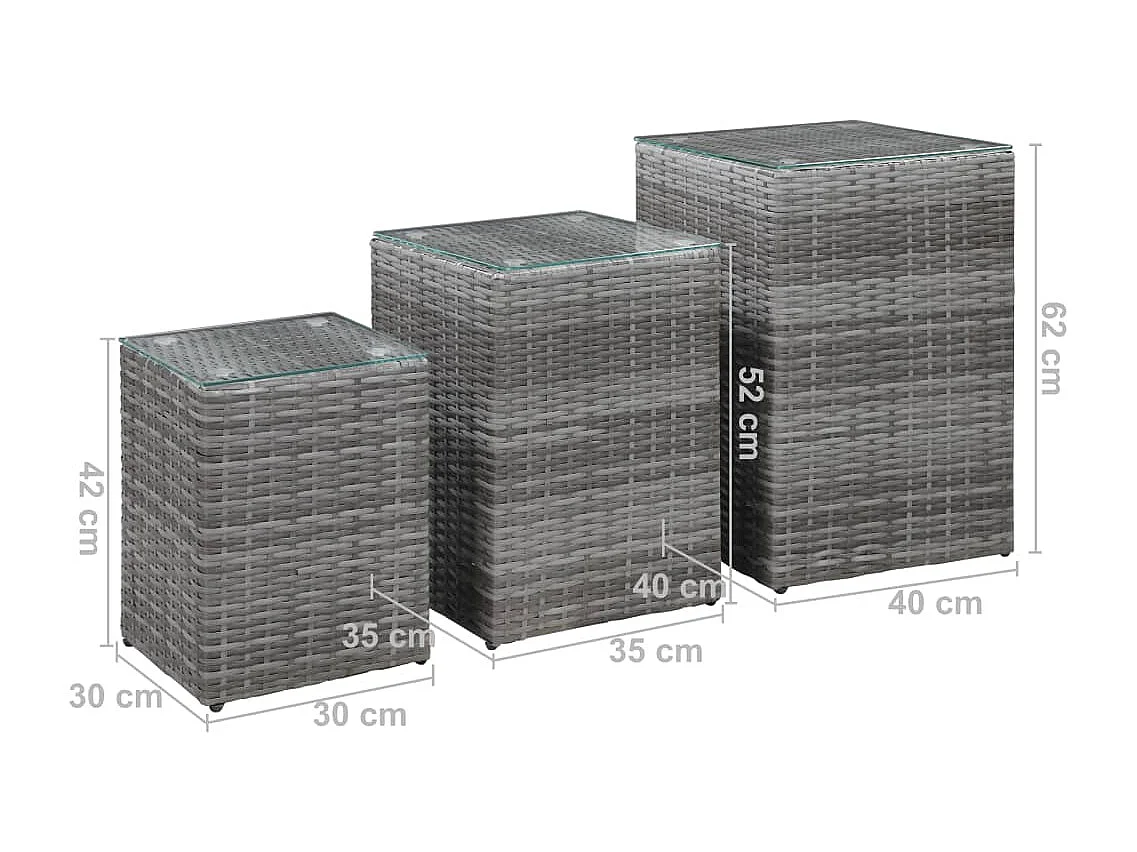 Tavolini laterali in 3 pezzi con piano in vetro in polyrattan grigio