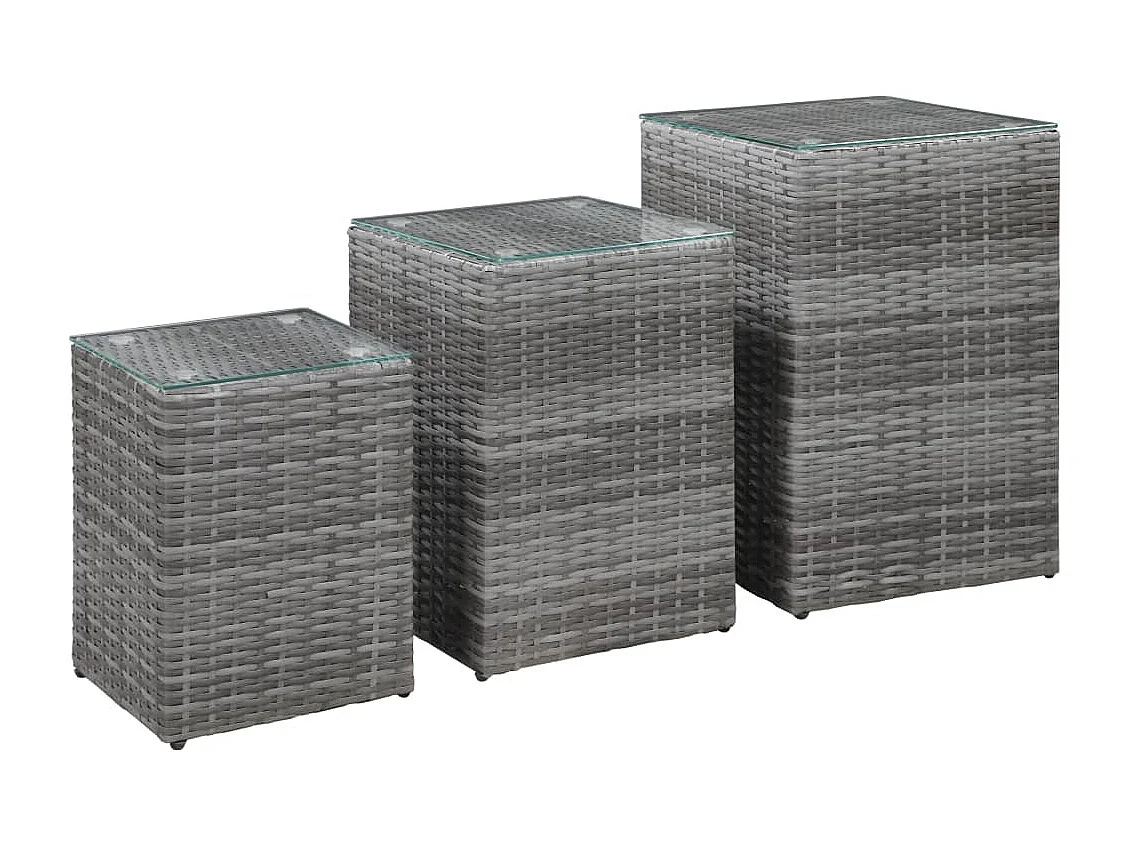 Tables d'appoint 3 pcs et dessus en verre Gris Résine tressée