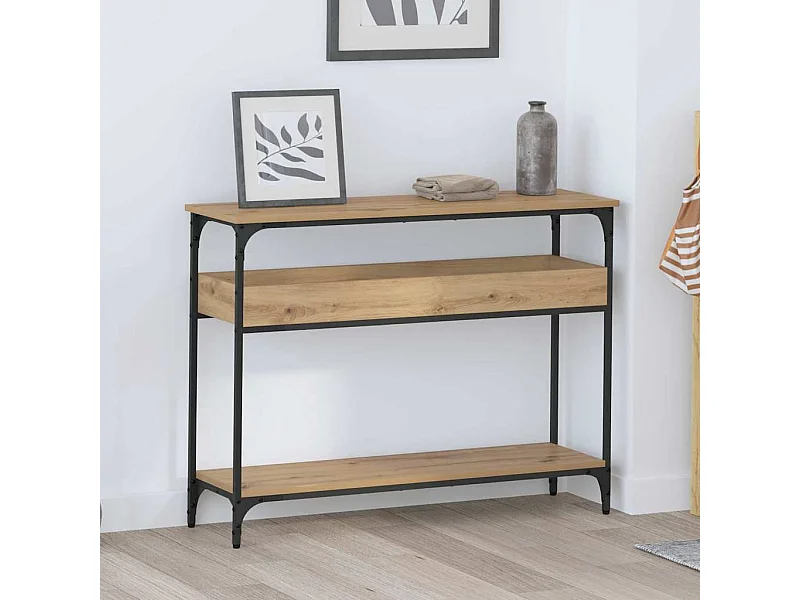 Consoletafel met plank, handgemaakt eikenhout, 100 x 29 x 75 cm