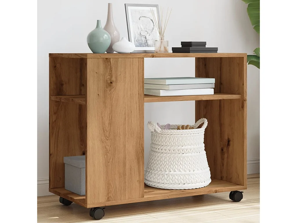 Mesa auxiliar con ruedas fabricada artesanalmente en madera de roble.