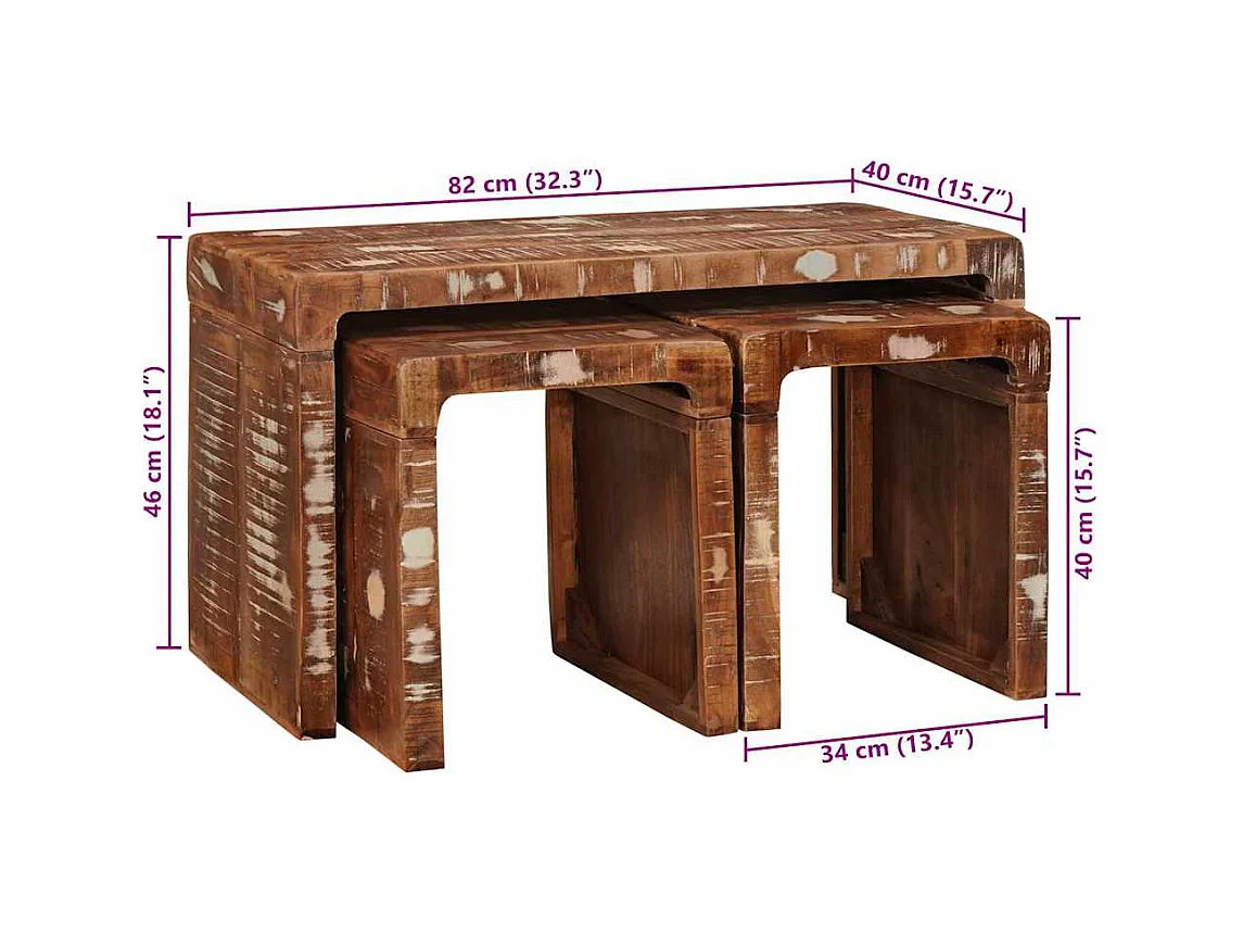 Tavolini impilabili 3 pezzi in legno massello di recupero