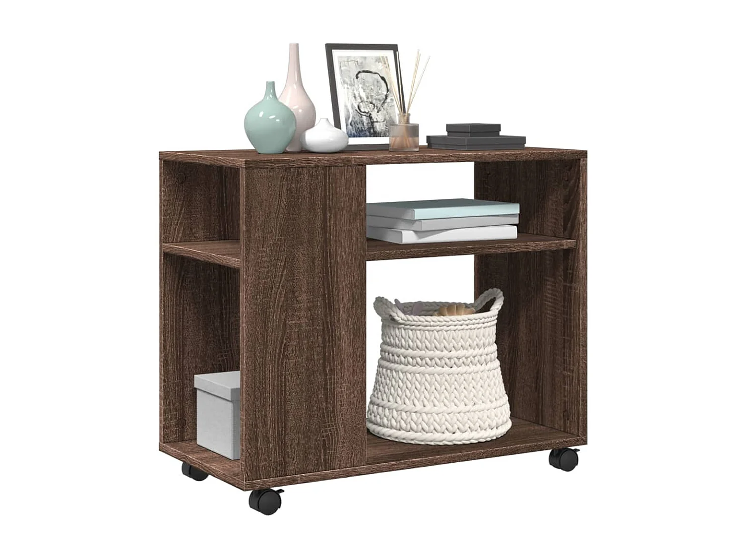 Mesa auxiliar con ruedas de madera de ingeniería de roble marrón