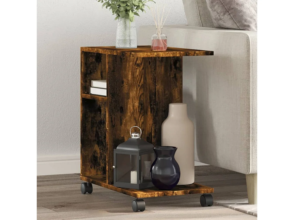 Tavolino laterale in legno ingegnerizzato color rovere affumicato con ruote