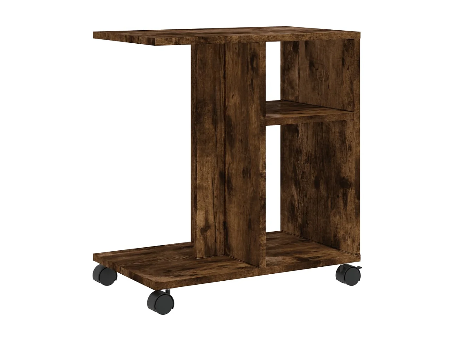 Tavolino laterale in legno ingegnerizzato color rovere affumicato con ruote