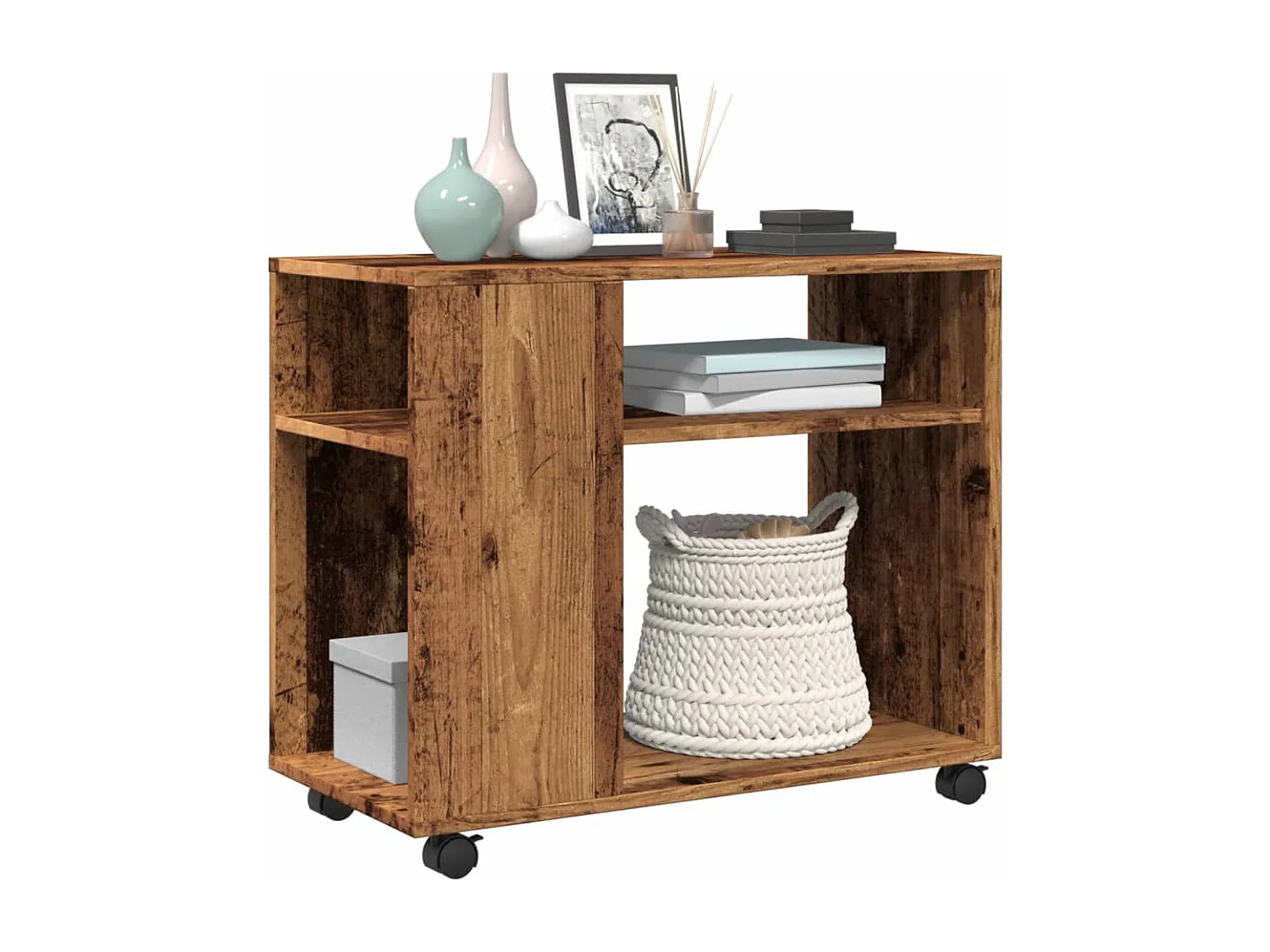 Mesa auxiliar con ruedas de madera antigua de ingeniería de madera