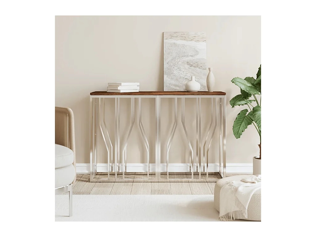 Table console acier inoxydable et bois massif de récupération