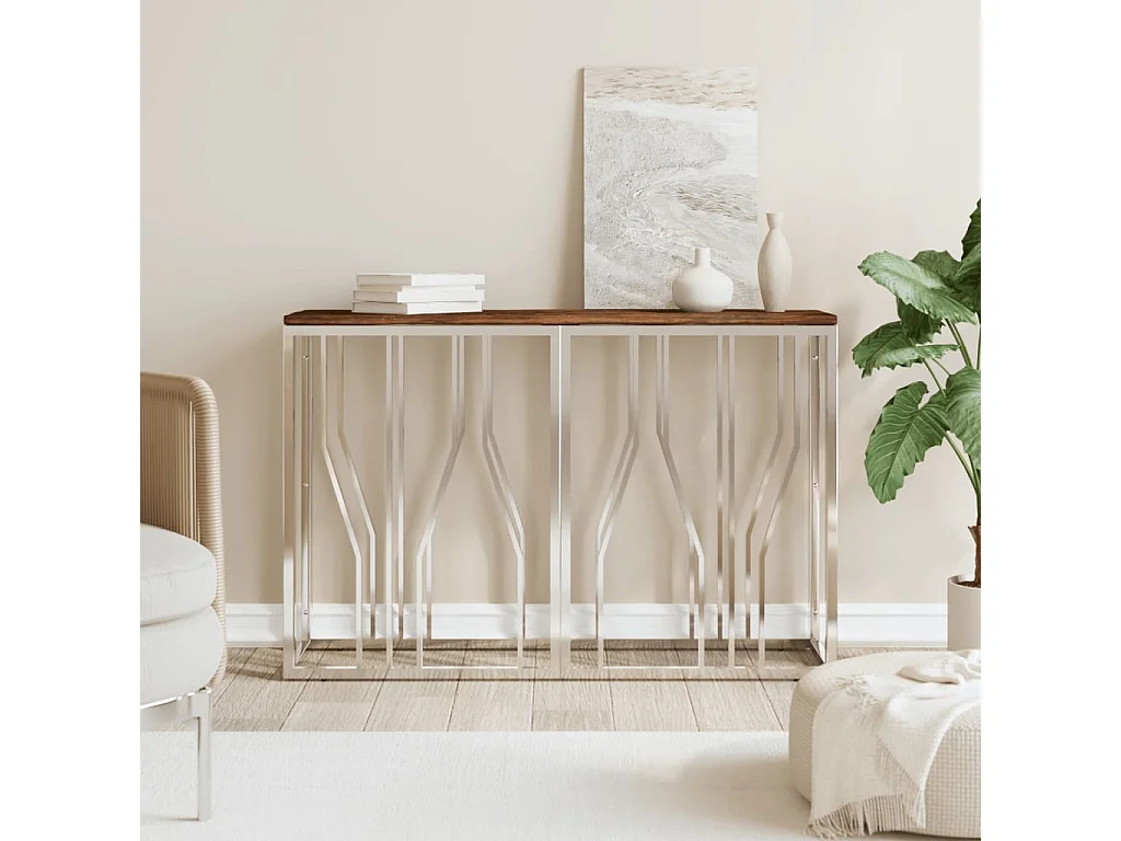 Table console acier inoxydable et bois massif de récupération