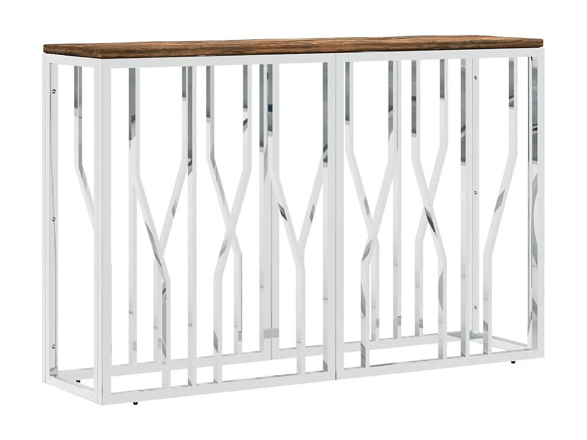 Table console acier inoxydable et bois massif de récupération