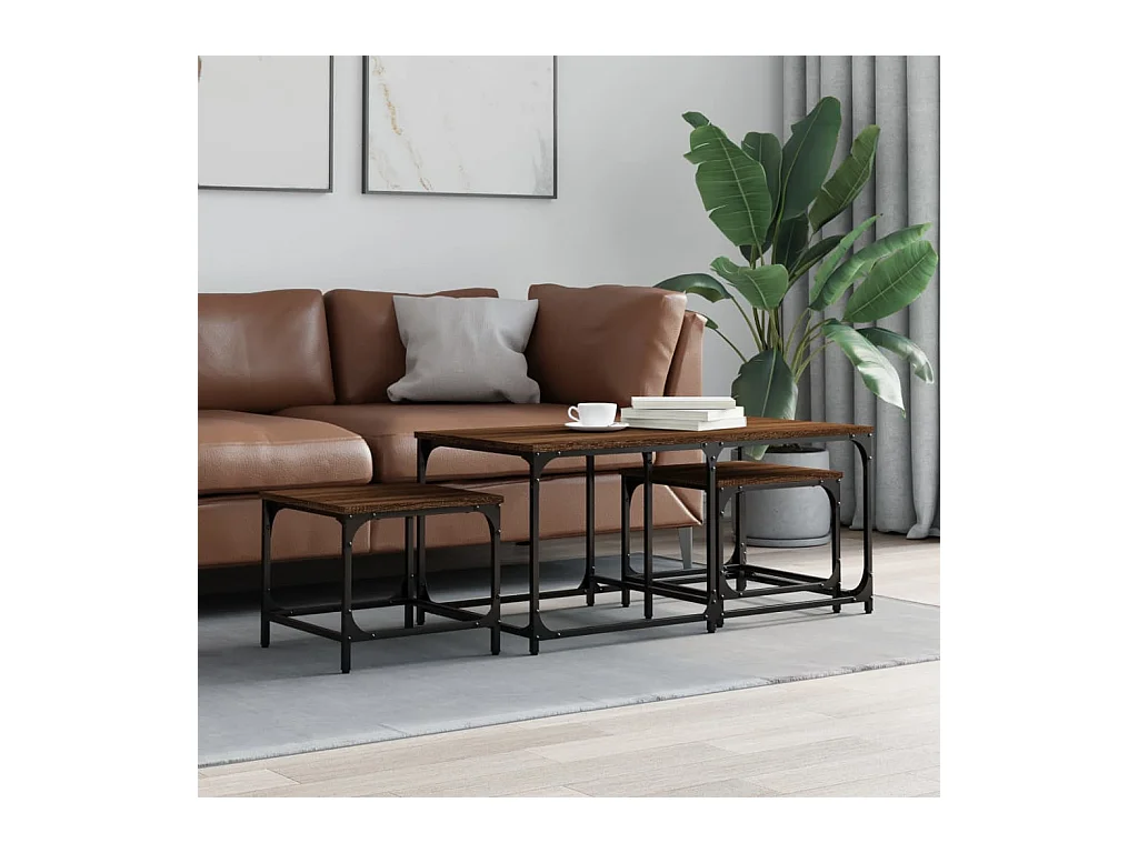 Set di tavolini da caffè impilabili da 3 pezzi, rovere marrone, legno ingegnerizzato
