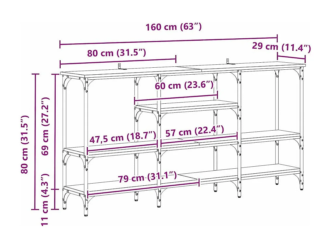 Consoletafel met plank, handgemaakt eikenhout, 160 x 29 x 80 cm