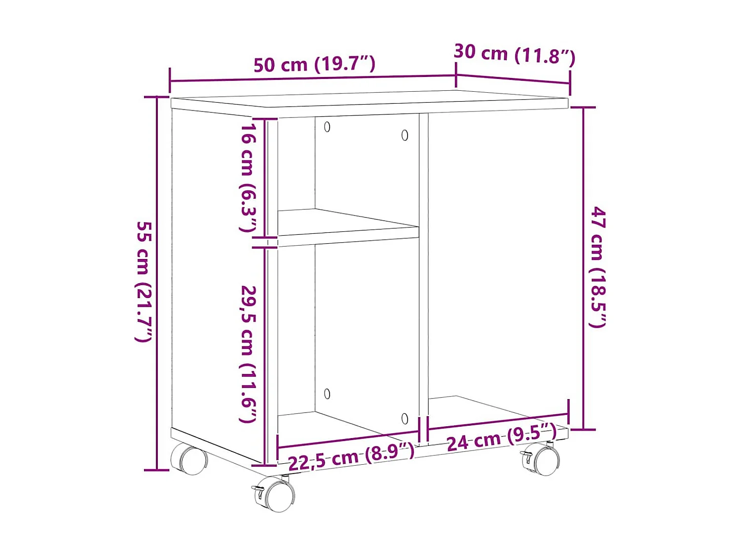 Bijzettafel met plank, handgemaakt eikenhout, 50 x 30 x 55 cm