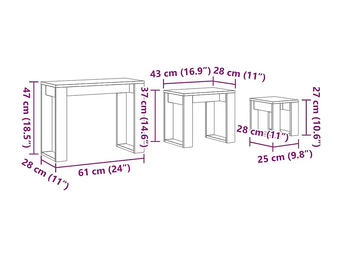 Tables gigognes 3 pcs vieux bois bois d'ingénierie