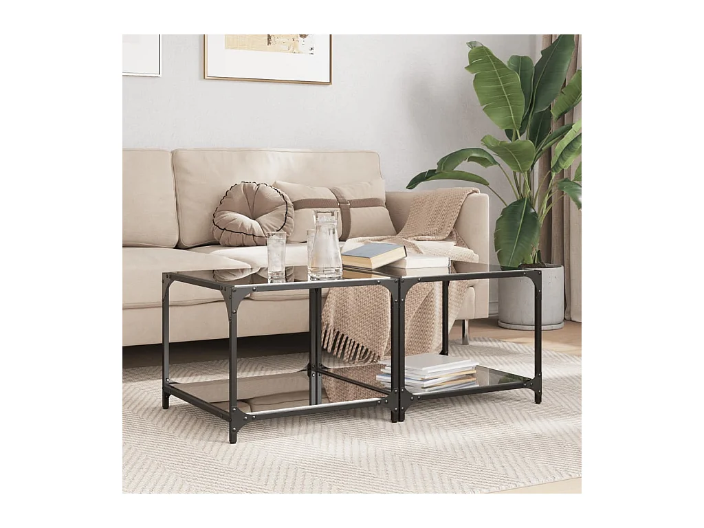 Mesas de centro con tapa de cristal negro 2 piezas 50x50x40 cm acero