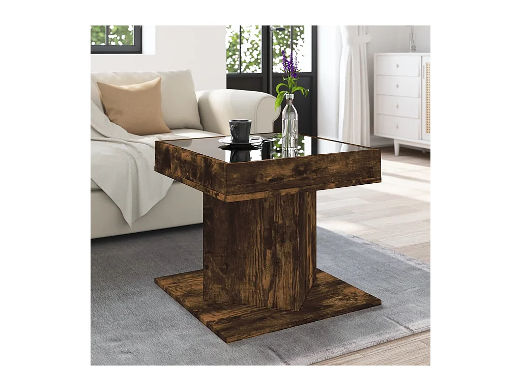 Gerookte eikenhouten salontafel met LED 50x50x45 cm bewerkt hout