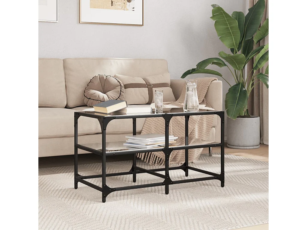 Tavolino con piano in vetro nero 78,5x40x45 cm acciaio