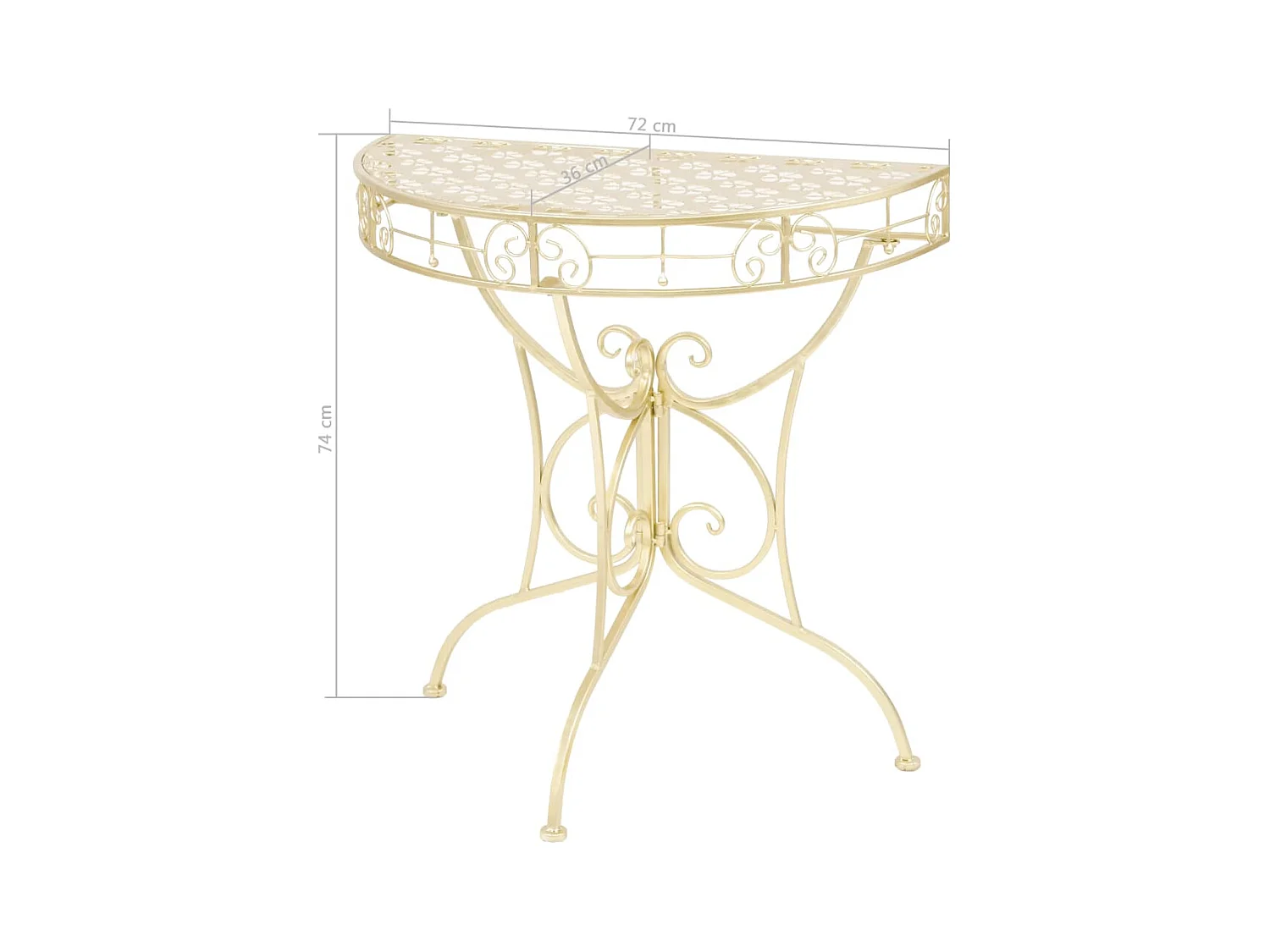 Vintage halfronde metalen bijzettafel 72x36x74 cm goud