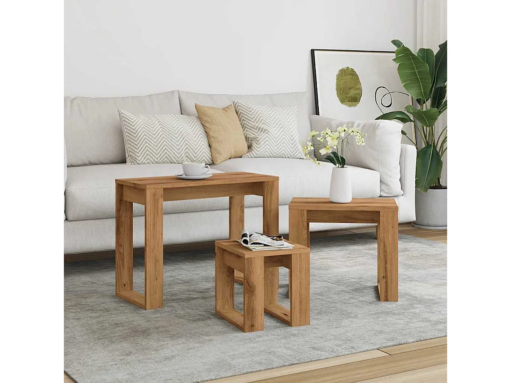 Tavolini impilabili 3 pezzi in legno di quercia lavorato a mano