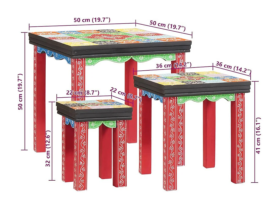 Tavolino impilabile marrone 50 x 50 x 50 cm in legno massello di mango