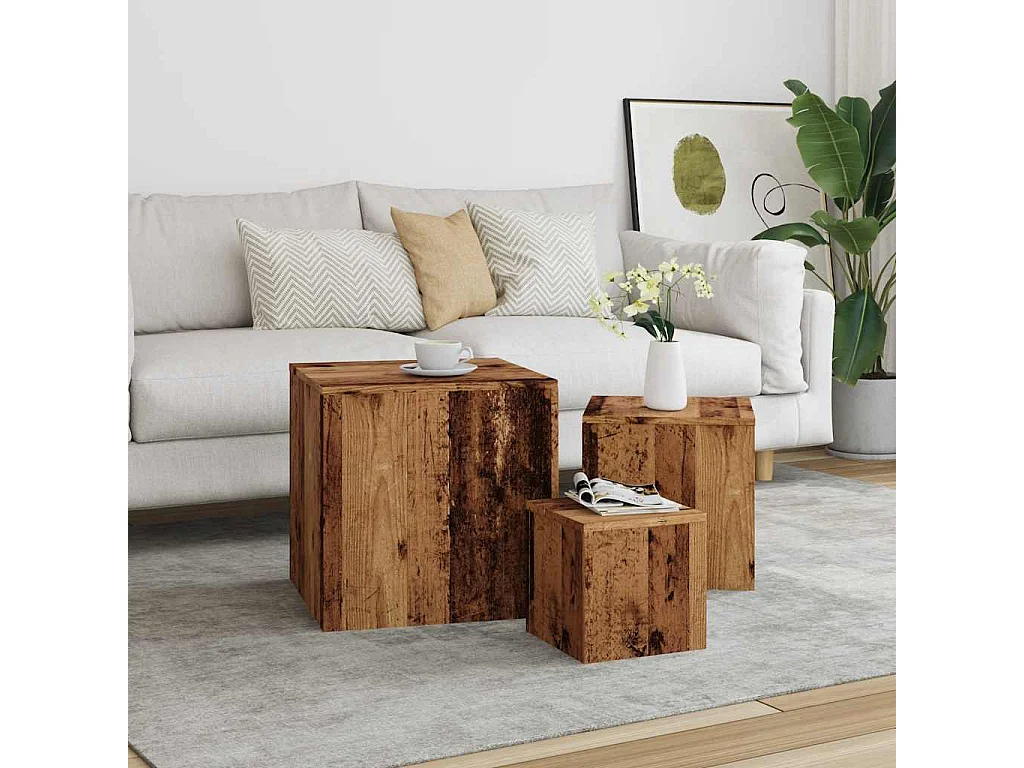 Tavolini laterali in legno vecchio, 3 pezzi, in legno ingegnerizzato