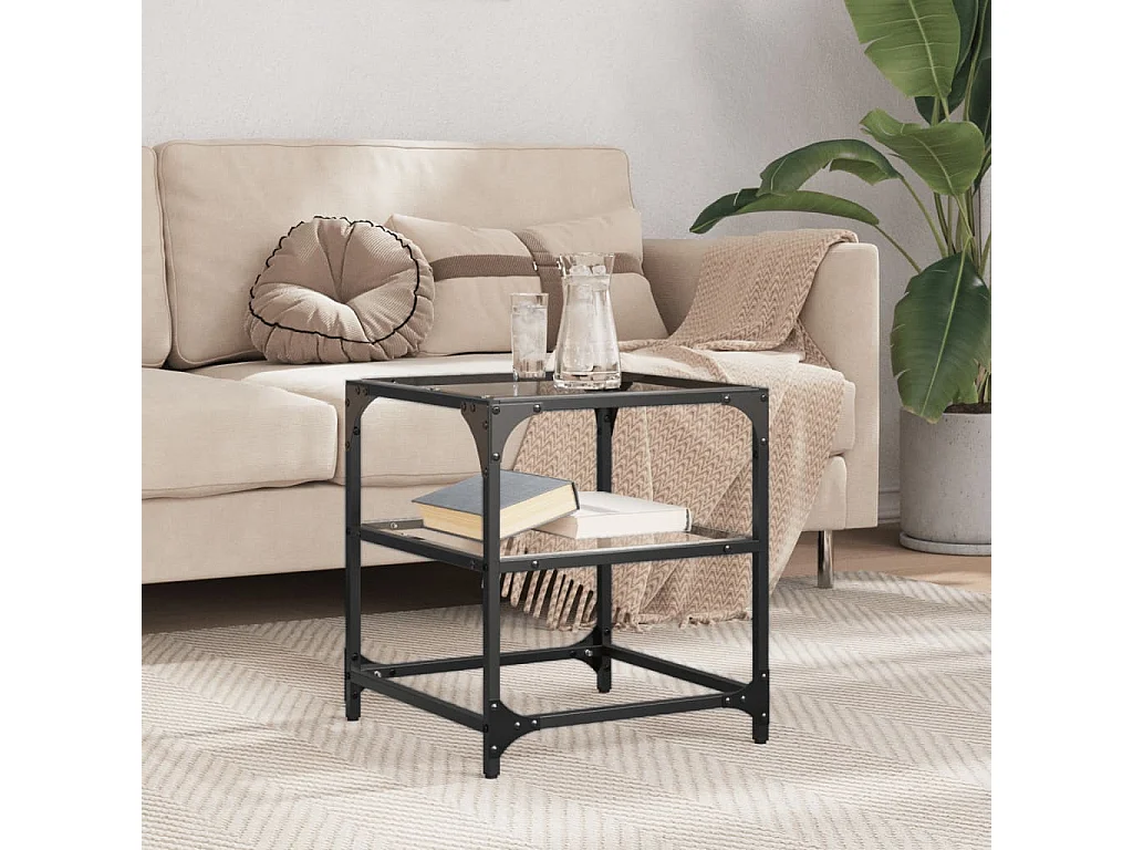 Tavolino con piano in vetro trasparente 40x40x45 cm acciaio