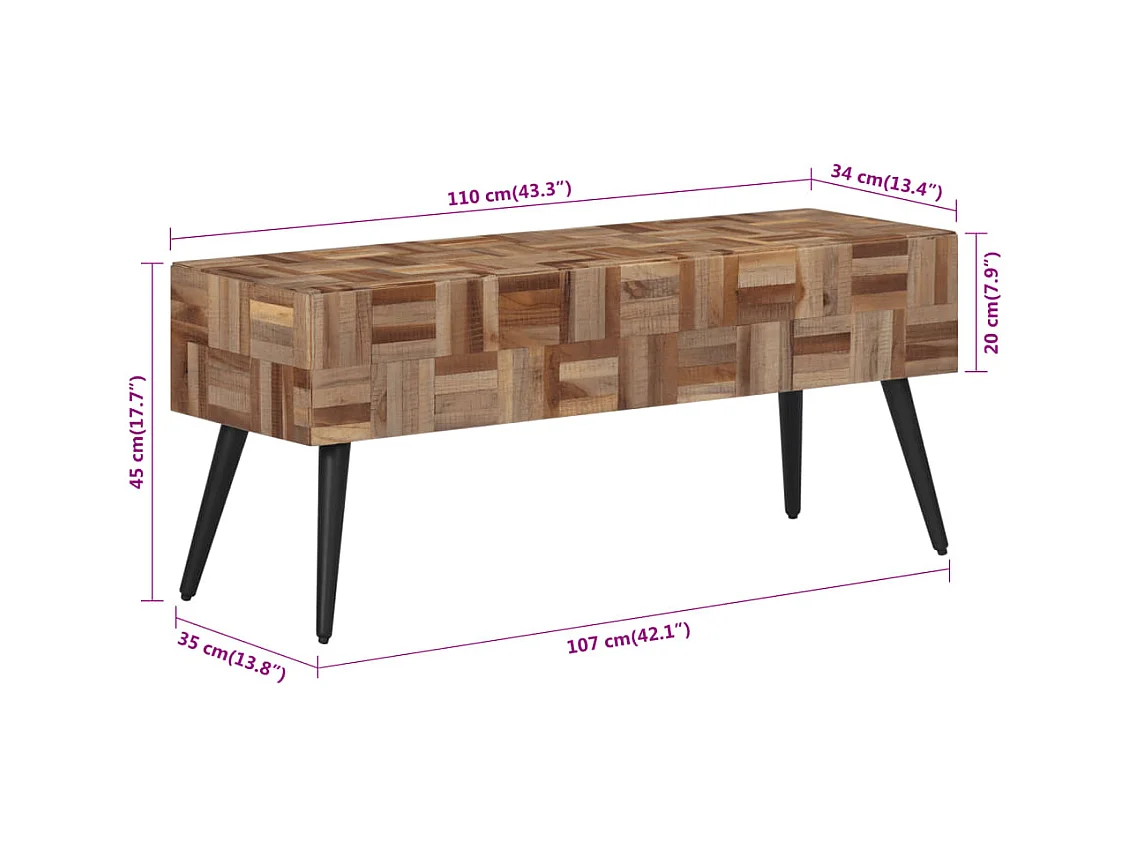 Banco 110x35x45 cm de teca maciza recuperada