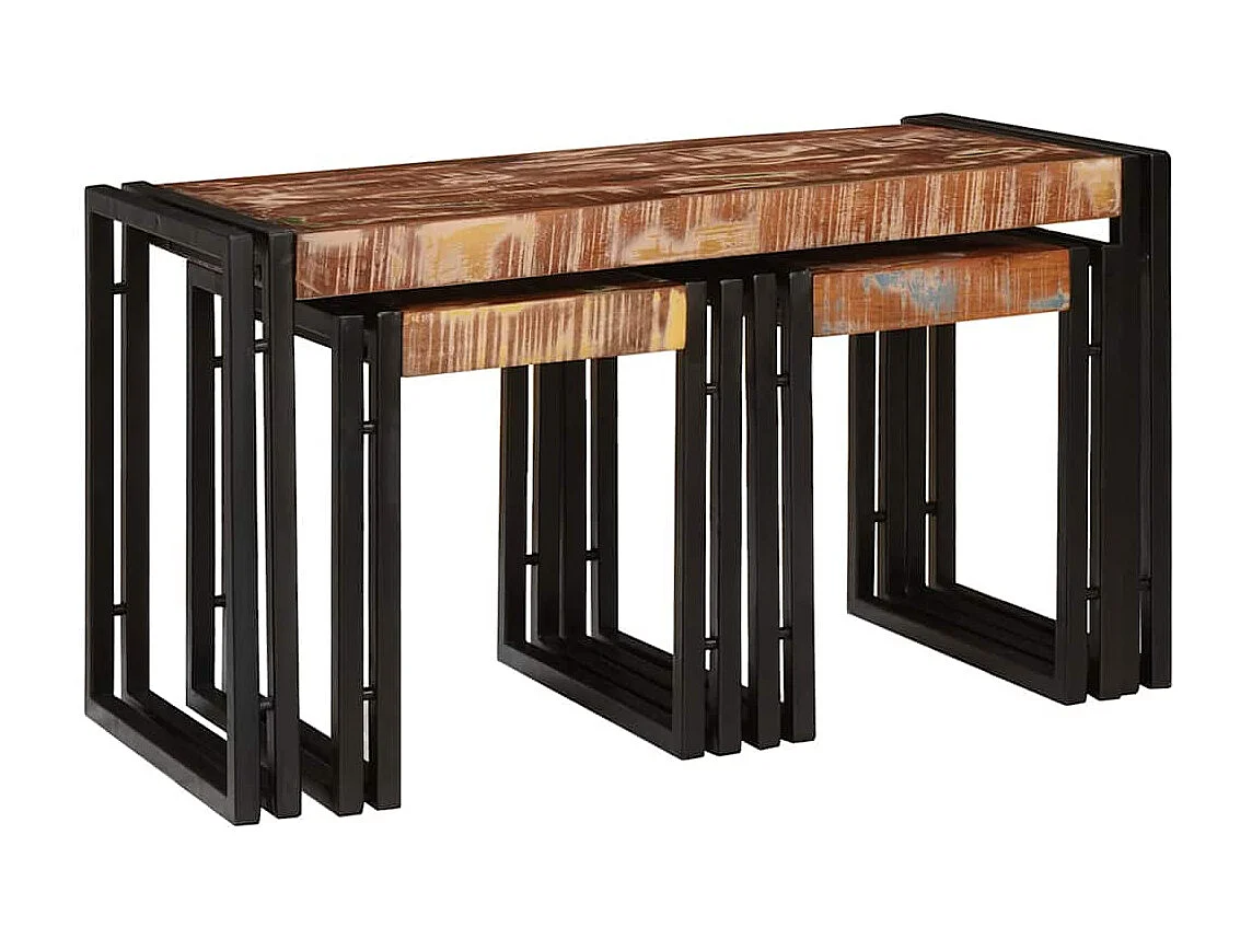 Table Gigogne 3 pcs Marron et noir bois de récupération massif