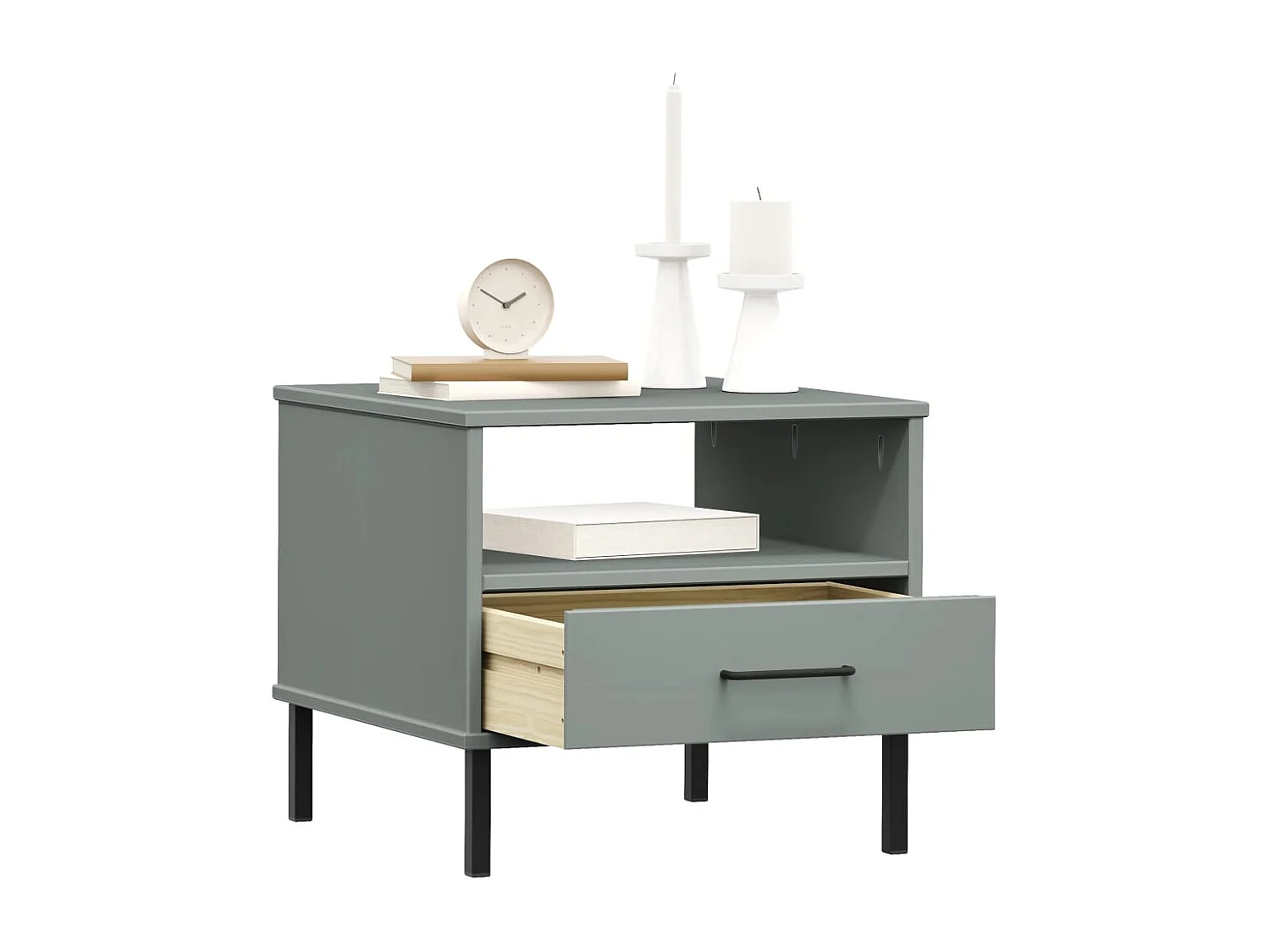 Mesita de noche con patas de metal Gris Madera maciza de pino OSLO