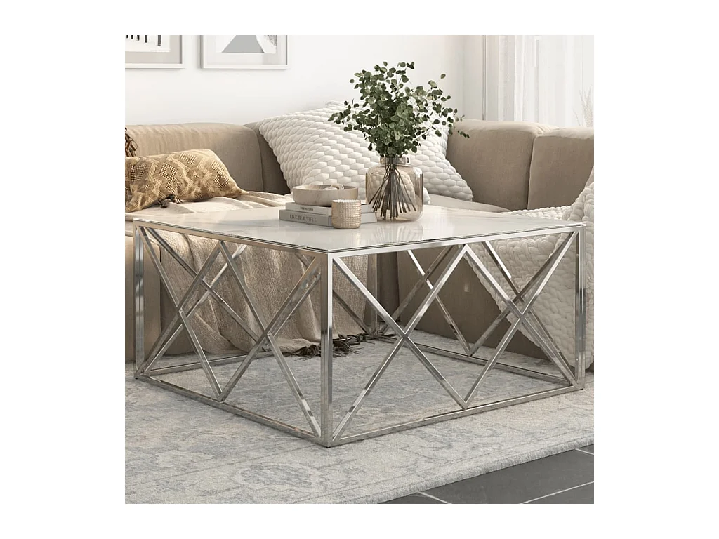 Zilveren salontafel van roestvrij staal en gehard glas