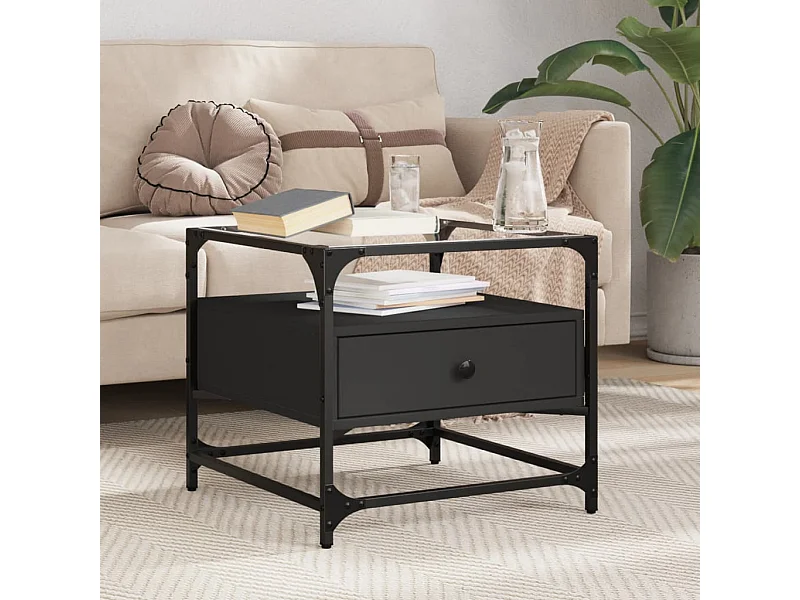 Couchtisch mit schwarzer Glasplatte 50x50x45 cm Stahl