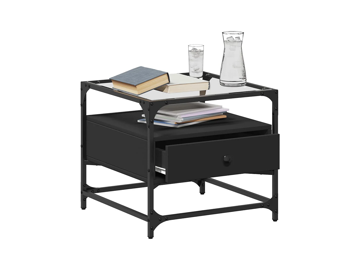 Couchtisch mit schwarzer Glasplatte 50x50x45 cm Stahl