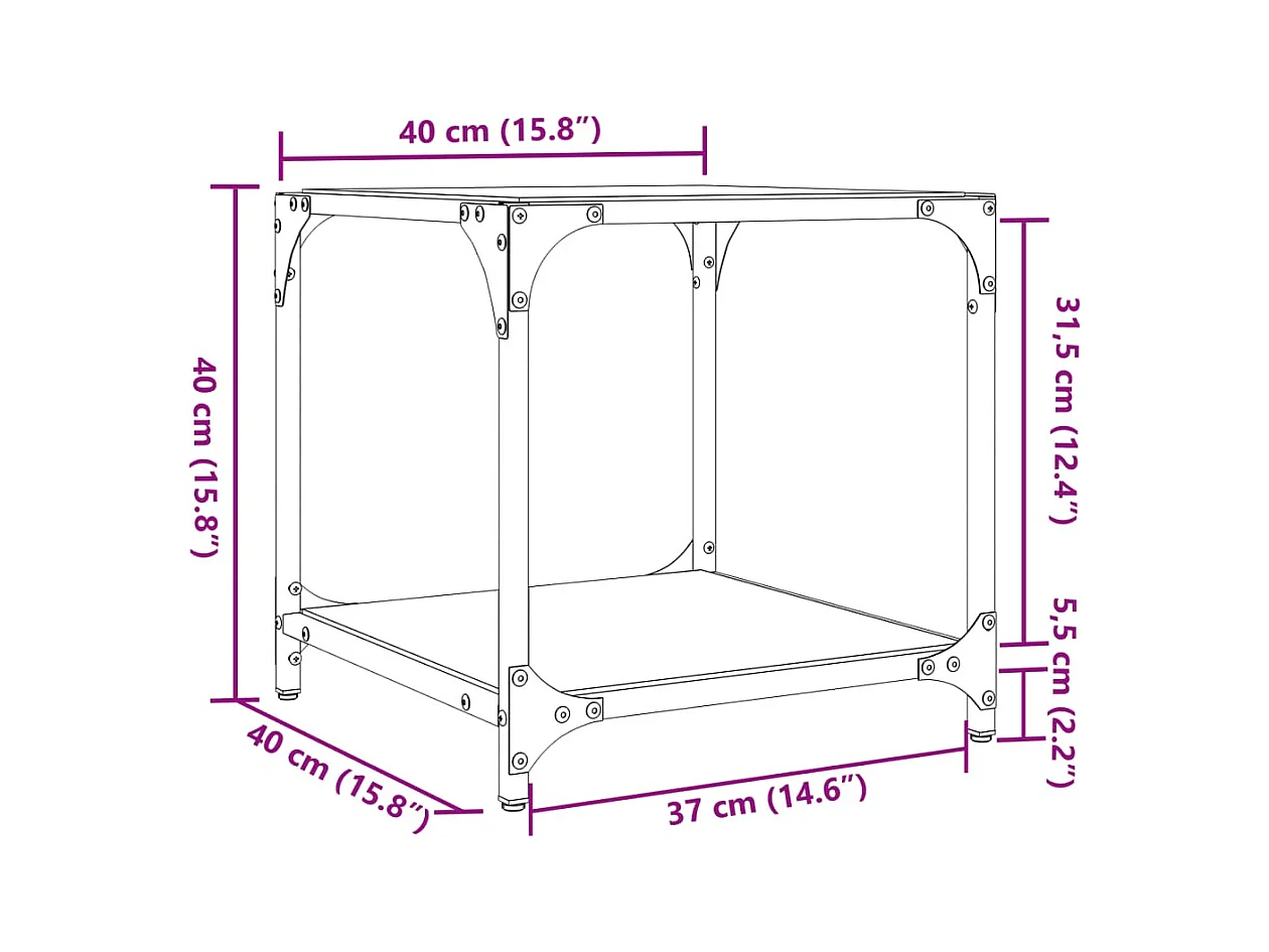 Salontafel met transparant glazen blad 40x40x40 cm staal