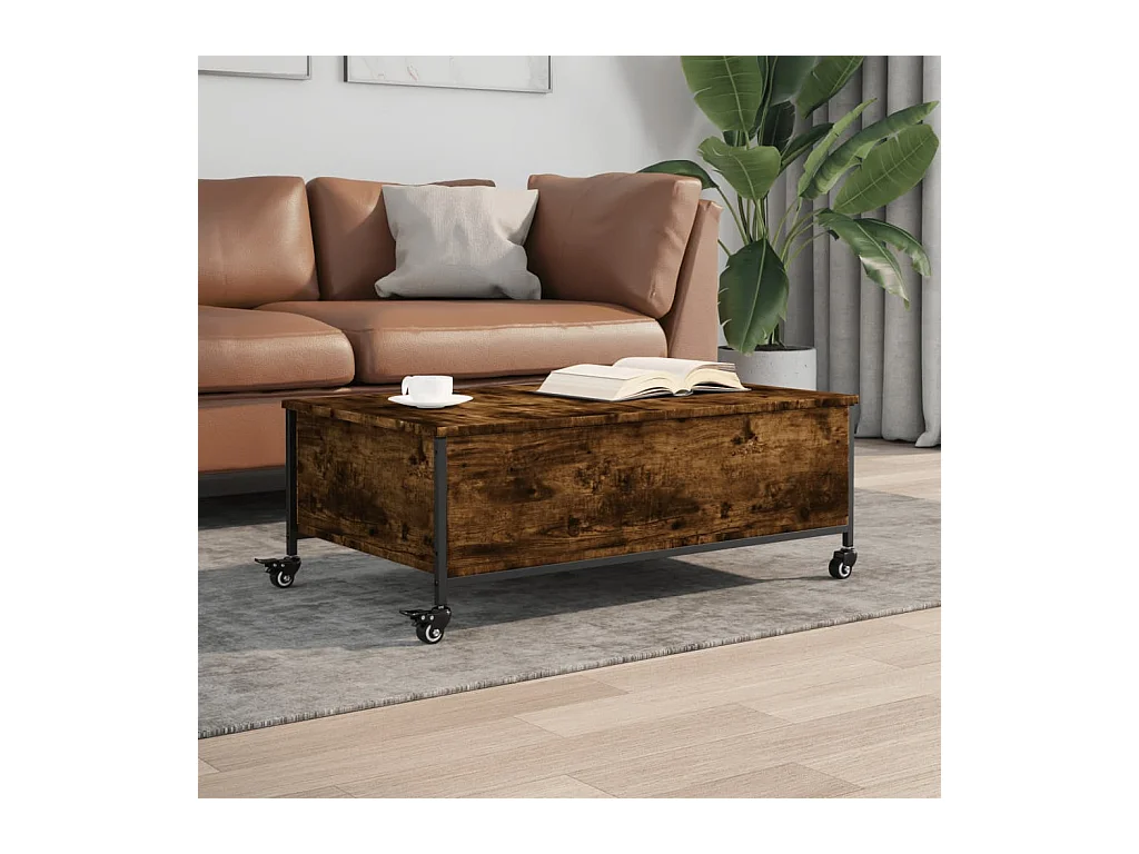 Mesa de centro de madera de ingeniería de roble ahumado con ruedas