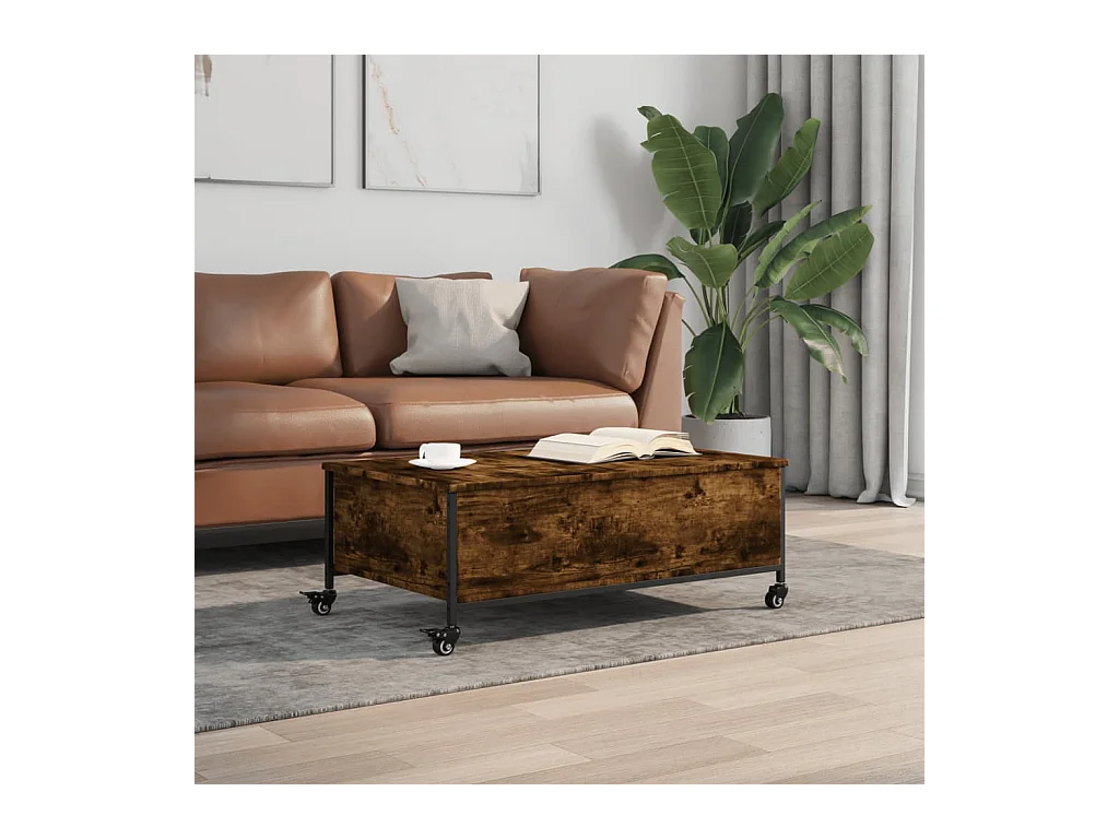 Mesa de centro de madera de ingeniería de roble ahumado con ruedas