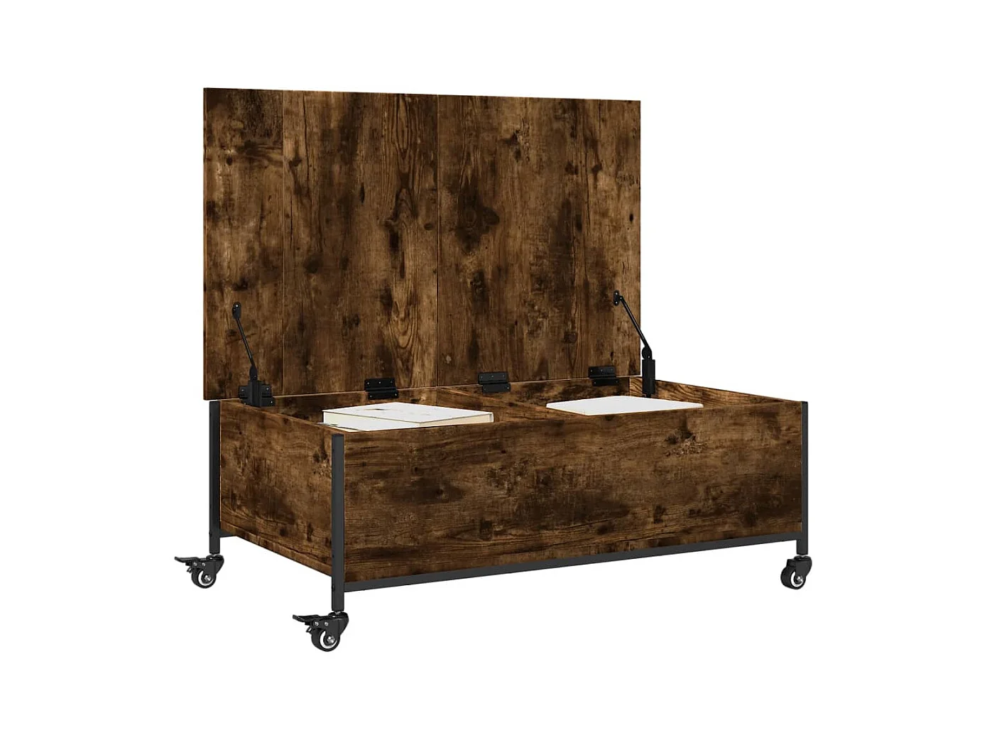 Mesa de centro de madera de ingeniería de roble ahumado con ruedas