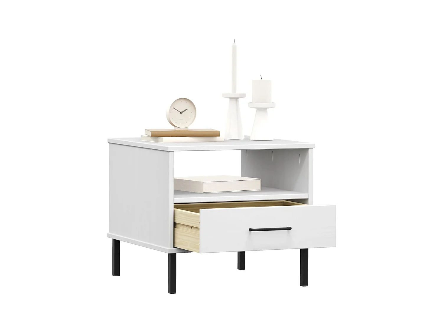 Table de chevet avec pieds en métal Blanc Bois pin massif OSLO