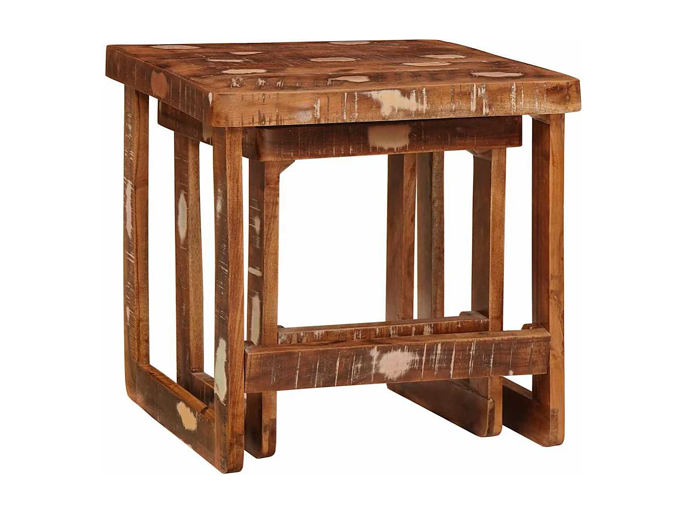 Mesas auxiliares multicolores fabricadas con madera maciza recuperada