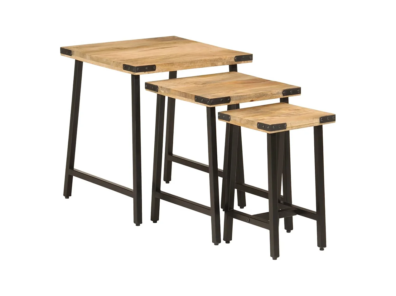 Tables basses gigognes 3 pcs bois massif de manguier et fer