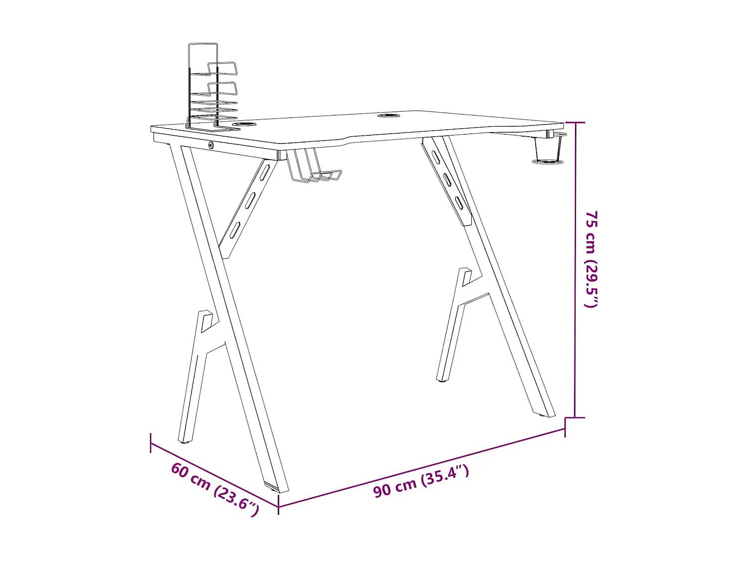 Scrivania da gioco con gambe a Y nera 90x60x75 cm