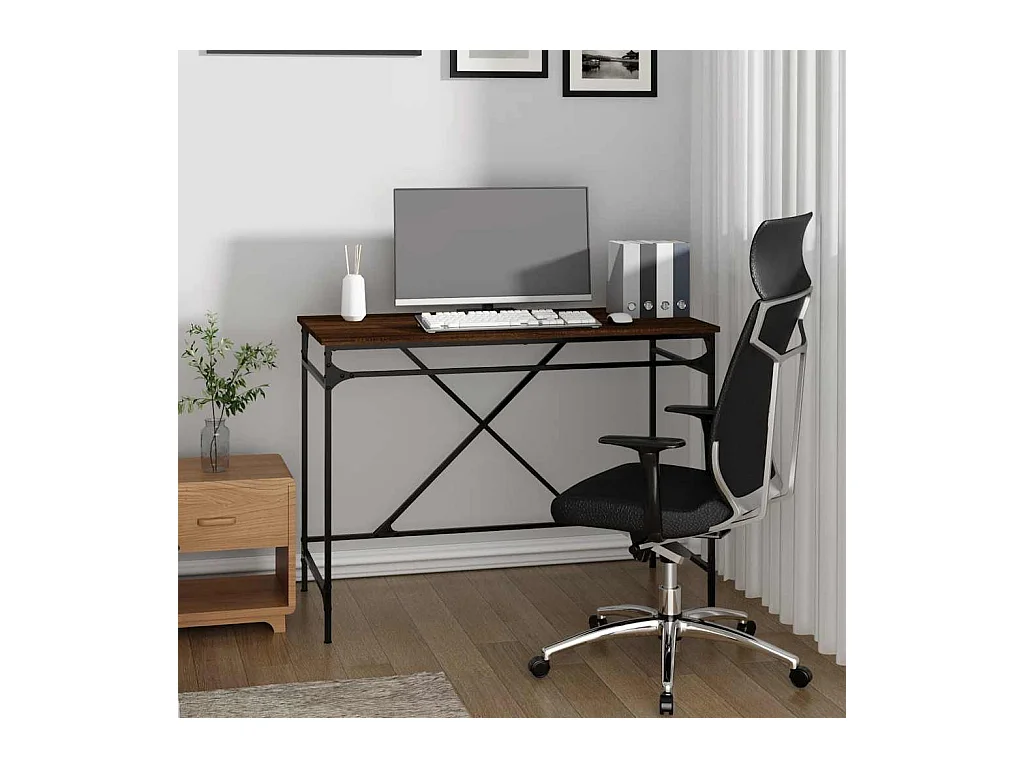 Bruin eiken bureau 100x50x75 cm bewerkt hout en ijzer