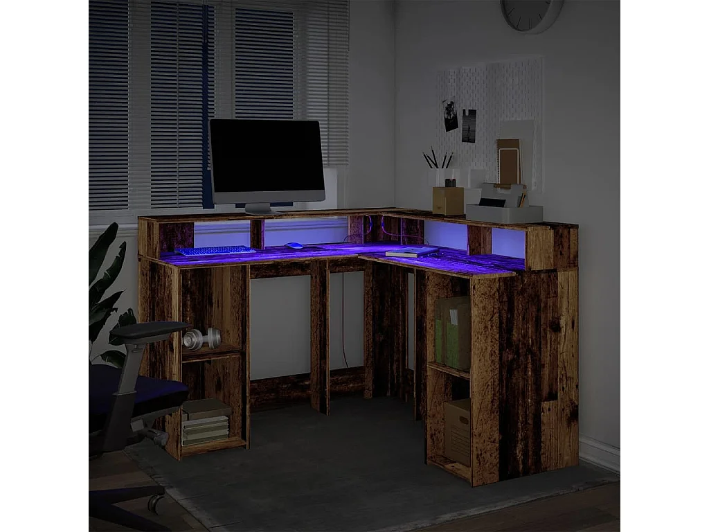 Scrivania con luci a LED in legno vecchio, legno ingegnerizzato