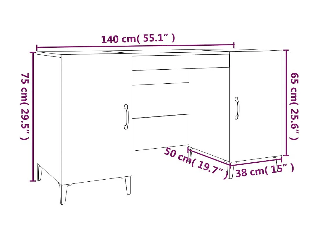 Bureau glanzend wit 140x50x75 cm bewerkt hout