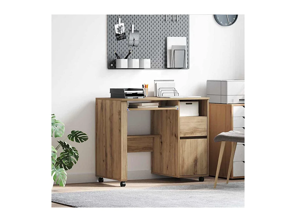 Bureau avec roulettes avec roue chêne artisanal 91 x 50 x 77 cm