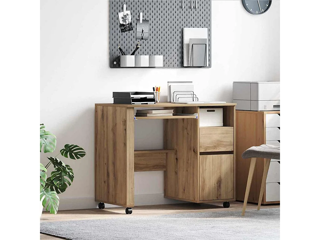 Schreibtisch mit Rollen mit Rad, handgefertigt aus Eiche, 91 x 50 x 77 cm
