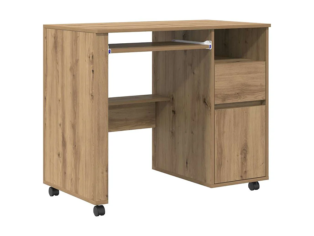 Schreibtisch mit Rollen mit Rad, handgefertigt aus Eiche, 91 x 50 x 77 cm