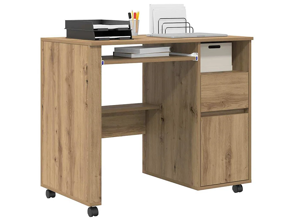 Schreibtisch mit Rollen mit Rad, handgefertigt aus Eiche, 91 x 50 x 77 cm