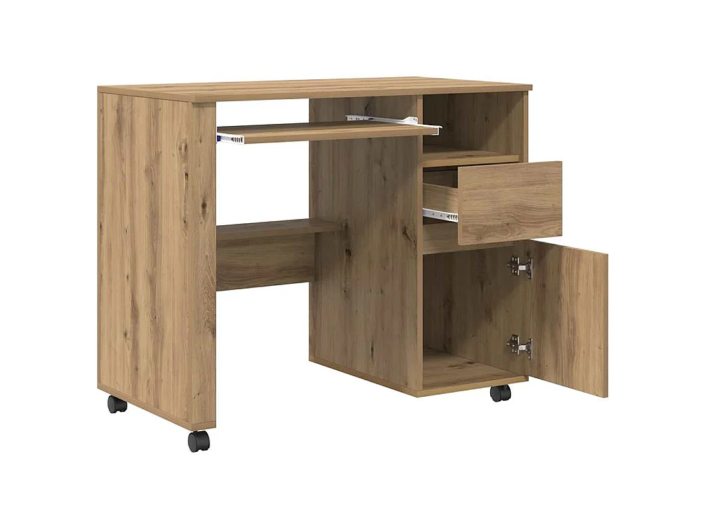 Schreibtisch mit Rollen mit Rad, handgefertigt aus Eiche, 91 x 50 x 77 cm