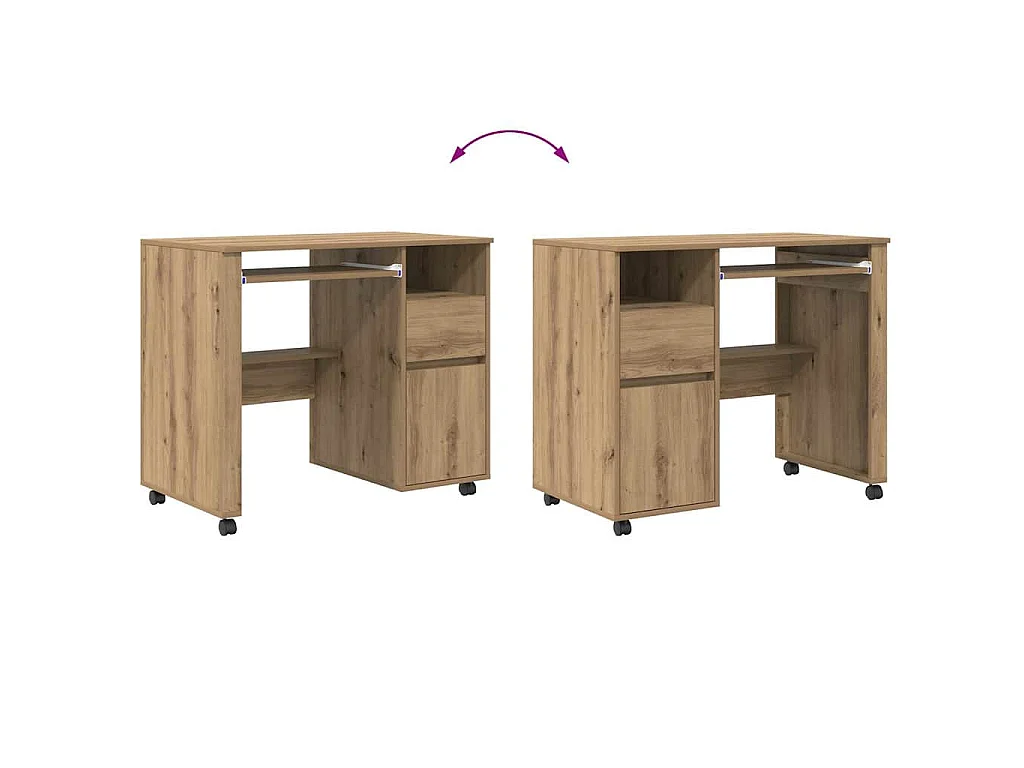 Schreibtisch mit Rollen mit Rad, handgefertigt aus Eiche, 91 x 50 x 77 cm