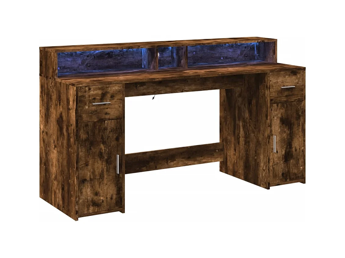 Escritorio y luces LED roble ahumado 160x55x91cm madera de ingeniería