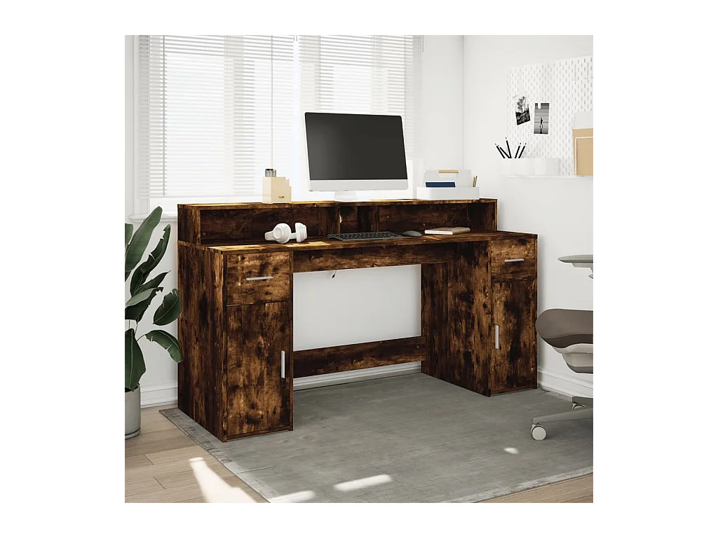 Escritorio y luces LED roble ahumado 160x55x91cm madera de ingeniería